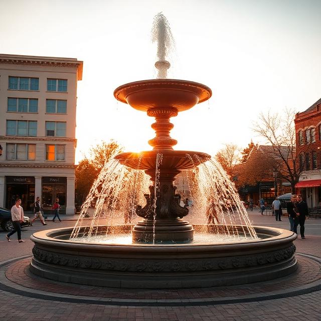Marietta Square fountain at golden hour