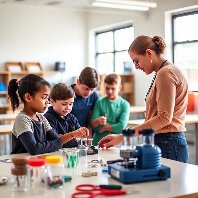 Teacher with students at a STEM workbench