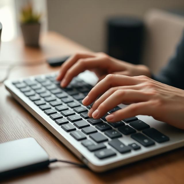 Hands typing on a keyboard in daylight
